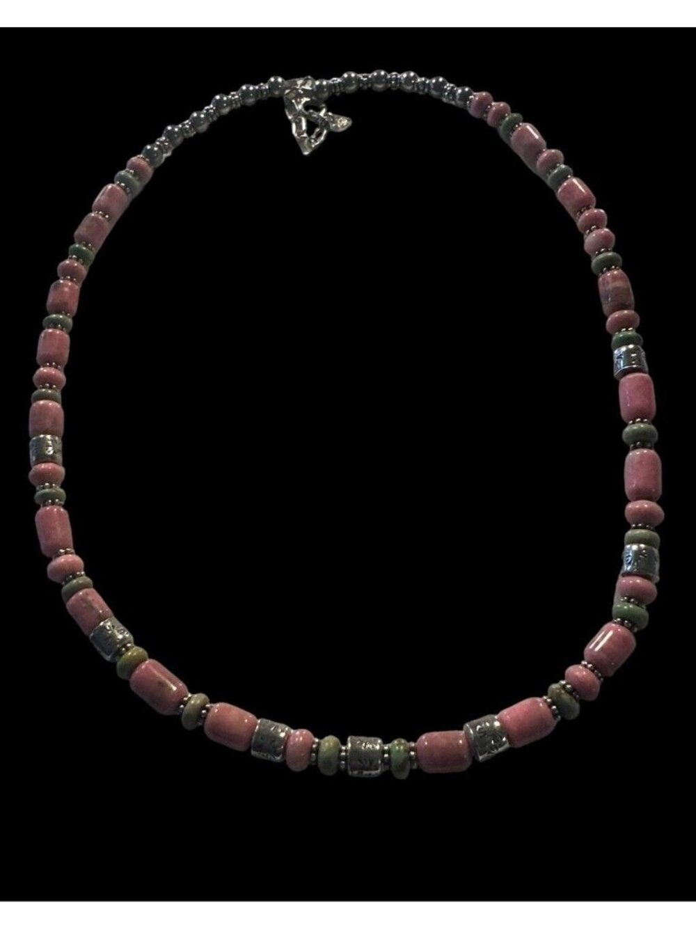 Signed CD Navajo Pink Rhodonite Turquoise Sterling Silver Necklace Beaded 20 in